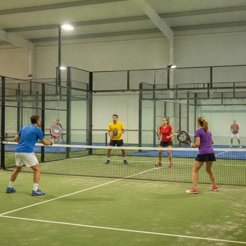 Match de padel en double sur une piste indoor, niveau suivi par une application de progression