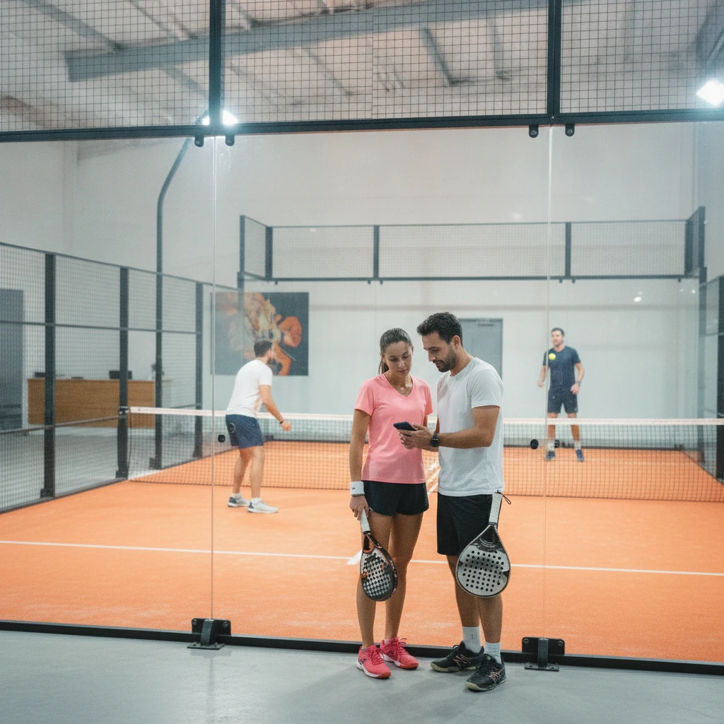 Deux joueurs de padel consultent une application sur un smartphone au bord d'une piste indoor