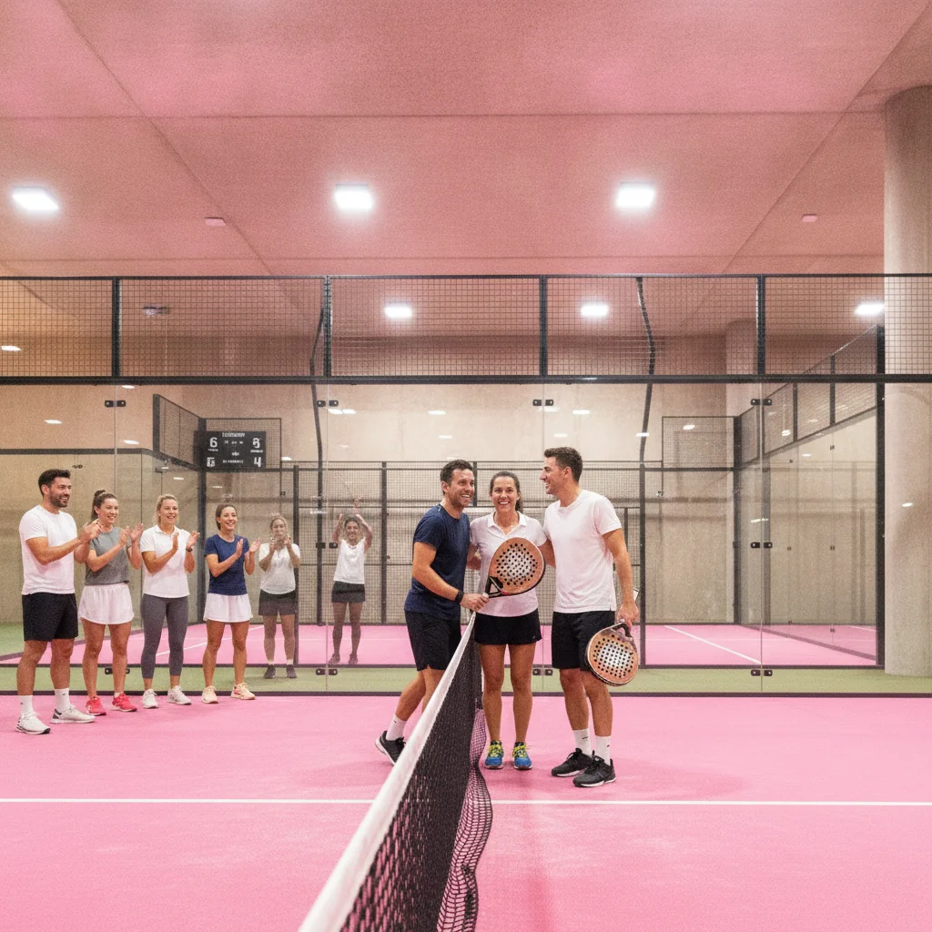 Tournoi de padel entre amis dans un club indoor, joueurs et spectateurs autour de la piste