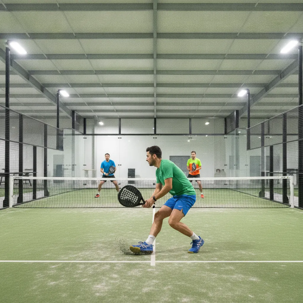 Appui lateral au padel sur une piste indoor, la chaussure encaisse le changement de direction