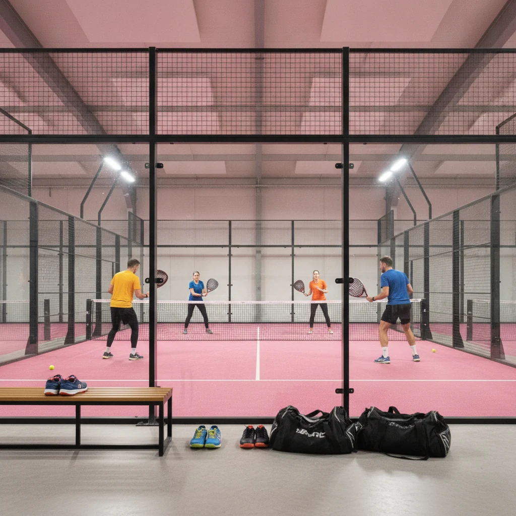 Plusieurs paires de chaussures de padel alignees au bord d une piste indoor de club