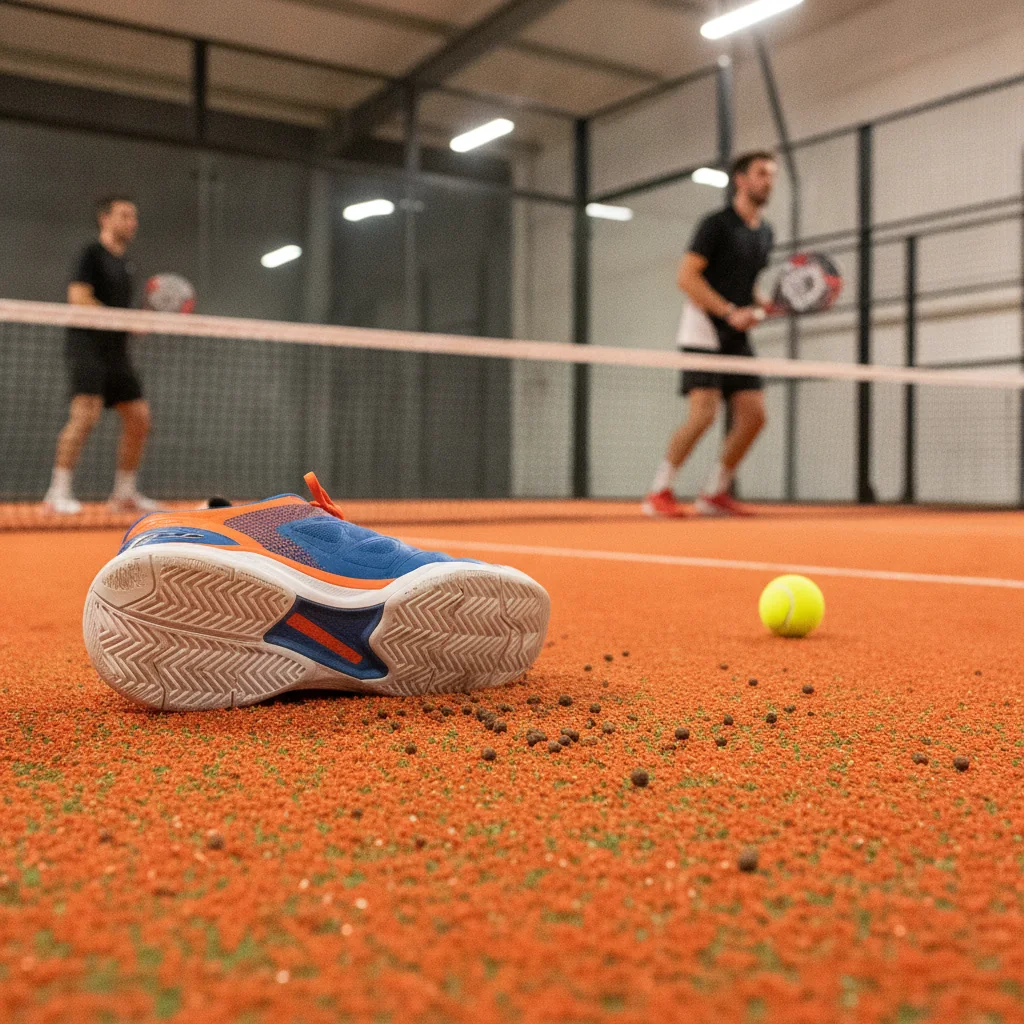 Semelle de chaussure de padel a chevrons posee sur un gazon synthetique sable orange