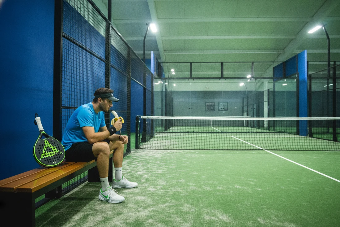 Joueur de padel mangeant une banane avant un match, nutrition au padel