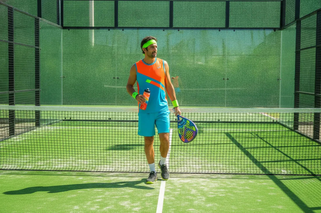 Joueur de padel avec une boisson, erreurs de nutrition au padel a eviter