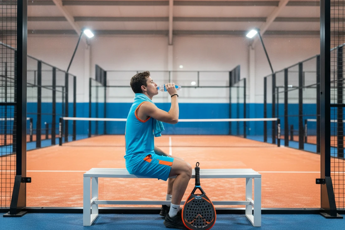 Joueur de padel buvant de l'eau apres le match pour la recuperation
