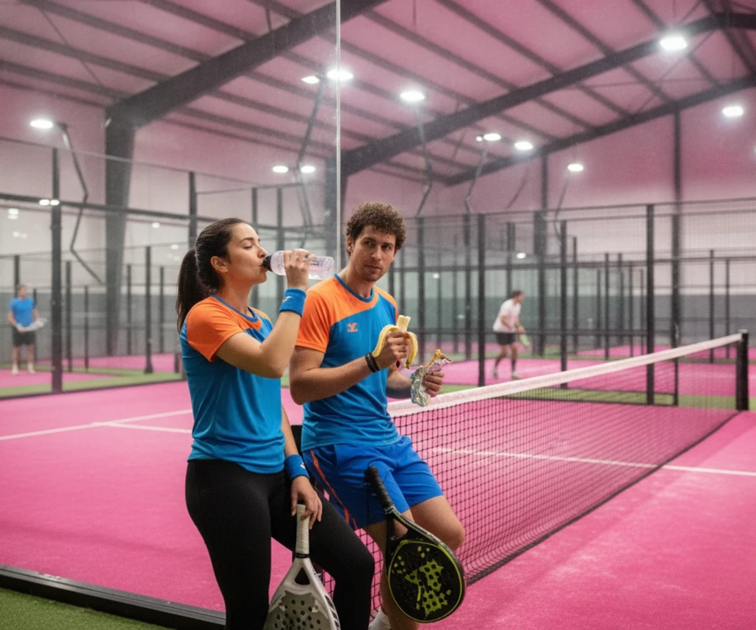 Nutrition au padel : joueurs s hydratant lors d une pause en salle indoor sur court rose