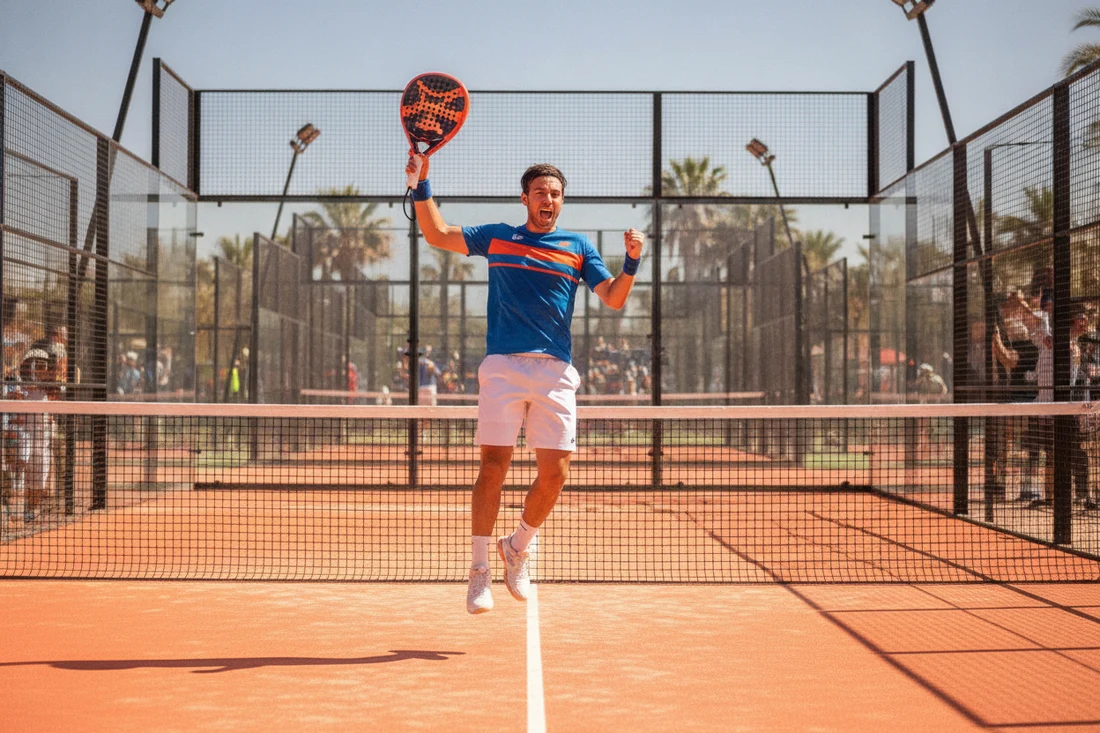 Joueur de padel celebrant les points gagnes dans un tournoi P25