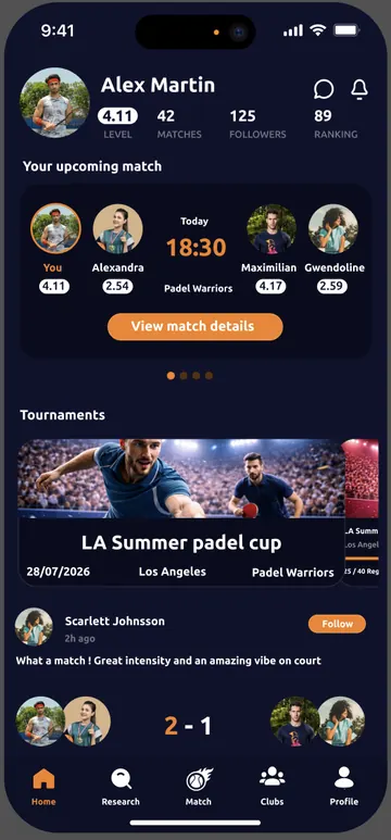 Écran d'accueil de l'application Padel Blaze
