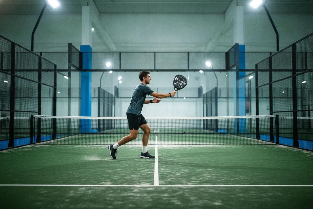 Joueur de padel en action sur un court indoor d'un club, où jouer au padel en Bretagne