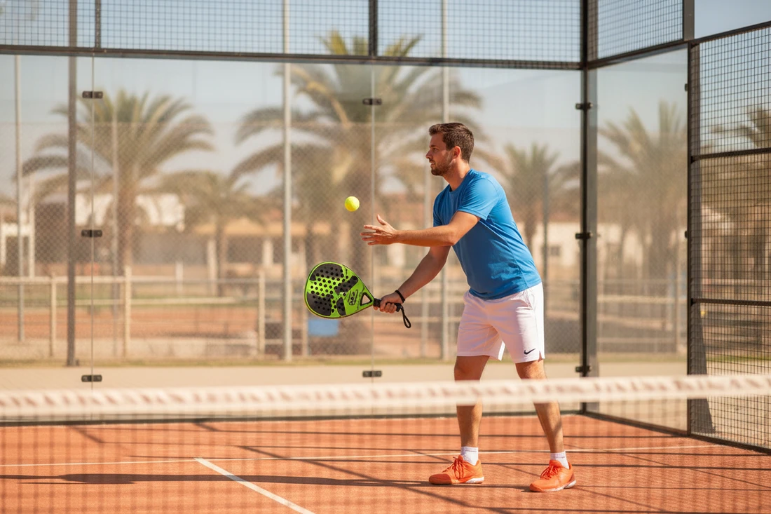 Débutant au padel effectuant un service à la cuillère sur un court terracotta