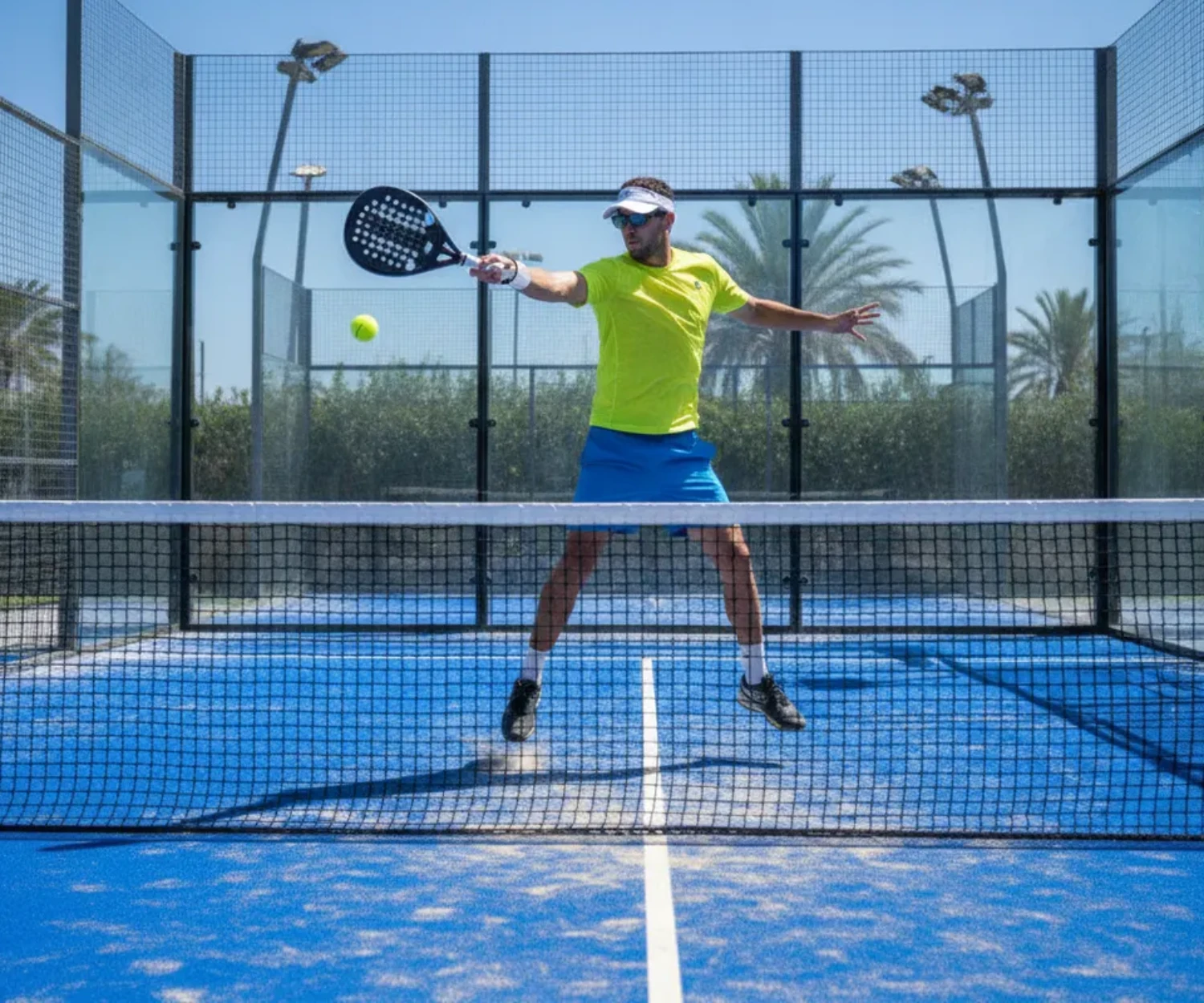 Joueur de padel en volée au filet sur un court bleu vitré, illustrant le padel en Bretagne