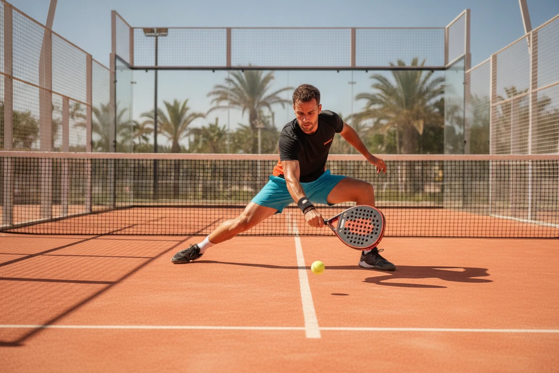 Effort physique au padel, joueur en fente explosive pour rattraper une balle basse