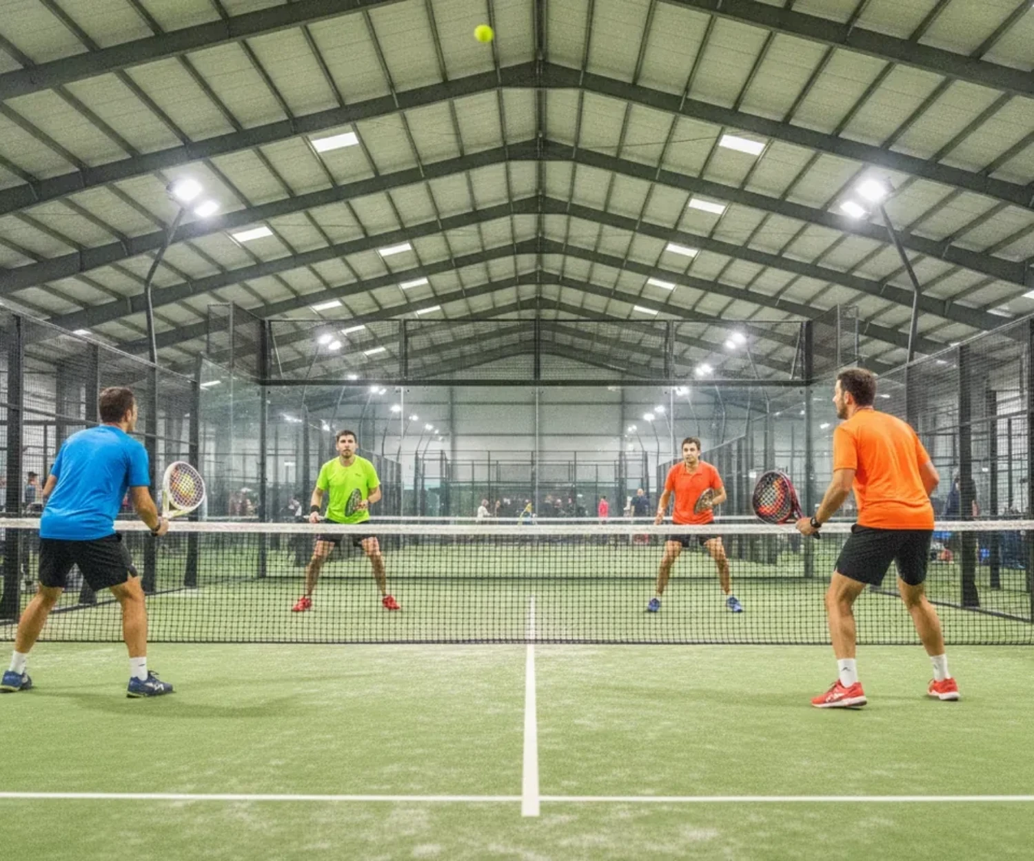 Padel ou pickleball : échange de padel en double sur court indoor vert, quatre joueurs au filet
