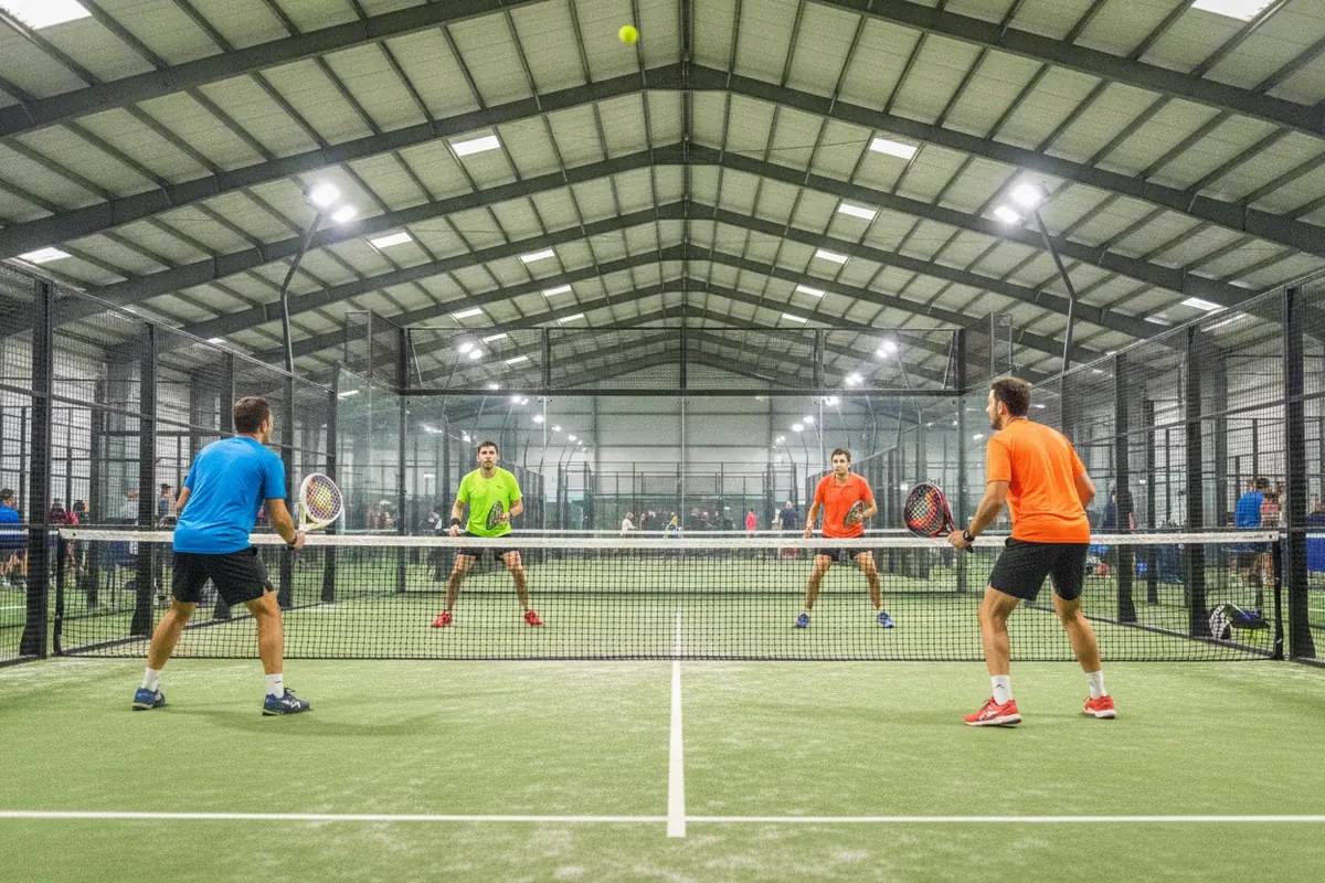Padel ou pickleball : échange de padel en double sur court indoor vert, quatre joueurs au filet