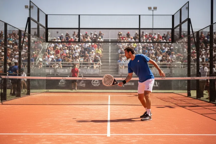 Court de padel dans une arène avec tribunes lors d'un tournoi Premier Padel