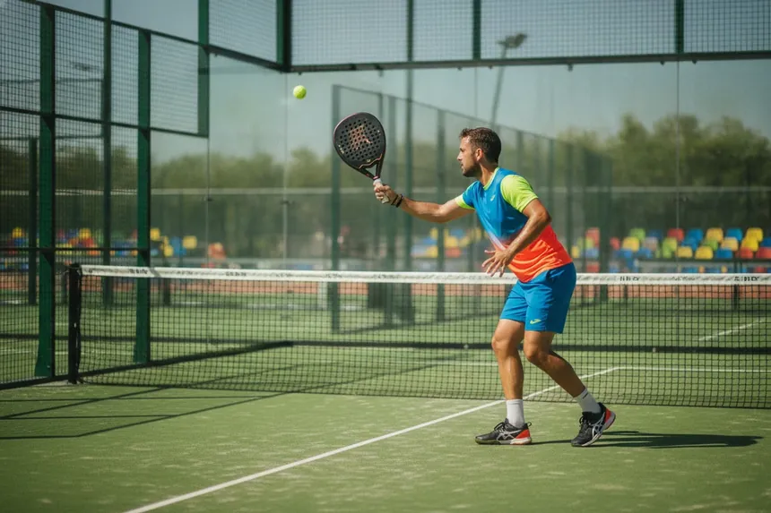 Joueur de padel frappant une bandeja sur un court vitré, circuit Premier Padel