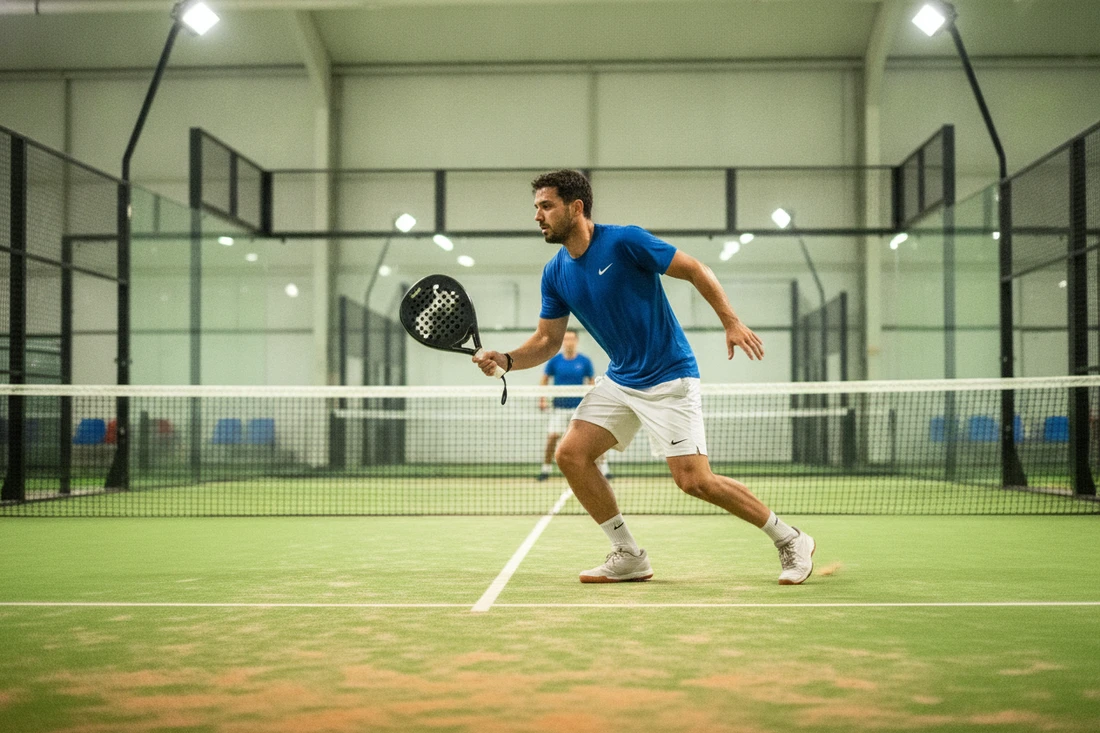 Qualités physiques au padel, joueur en déplacement explosif vers le filet