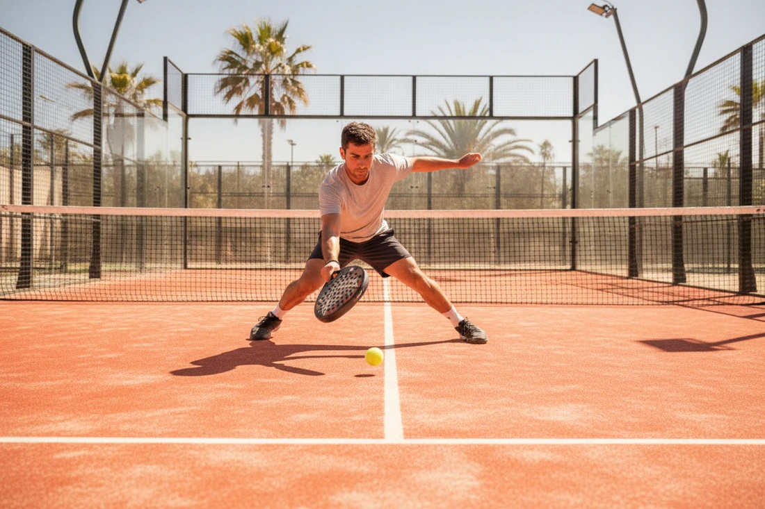 Renforcement et gainage au padel, joueur en fente profonde maîtrisée