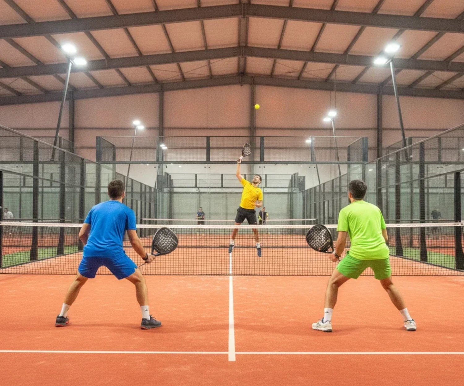 Préparation physique padel : match en double en salle indoor, joueur au smash sur court orange