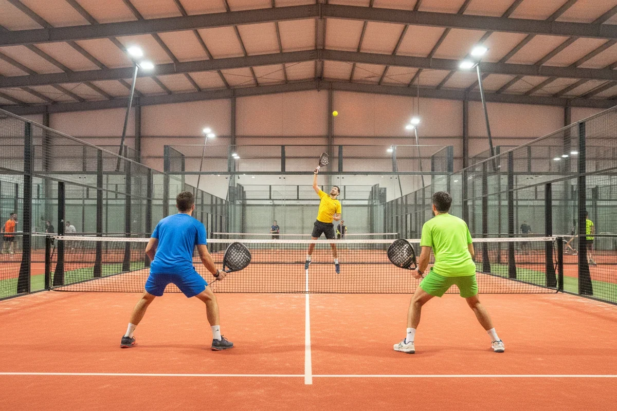 Préparation physique padel : match en double en salle indoor, joueur au smash sur court orange