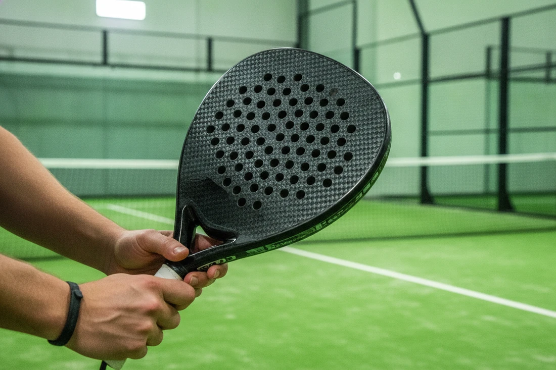 Gros plan sur une raquette de padel en carbone, duree de vie du materiel
