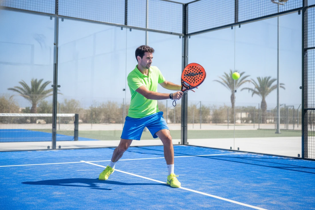 Joueur frappant un coup droit, la frequence de jeu use la raquette de padel