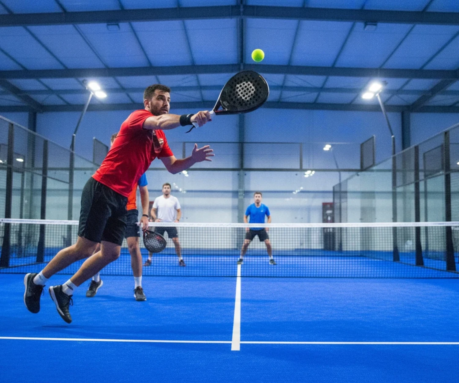 Quand changer sa raquette de padel : joueur frappant lors d un match en double en salle indoor sur court bleu