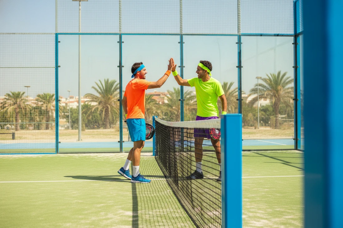 Format de team building padel, deux joueurs se tapent dans la main
