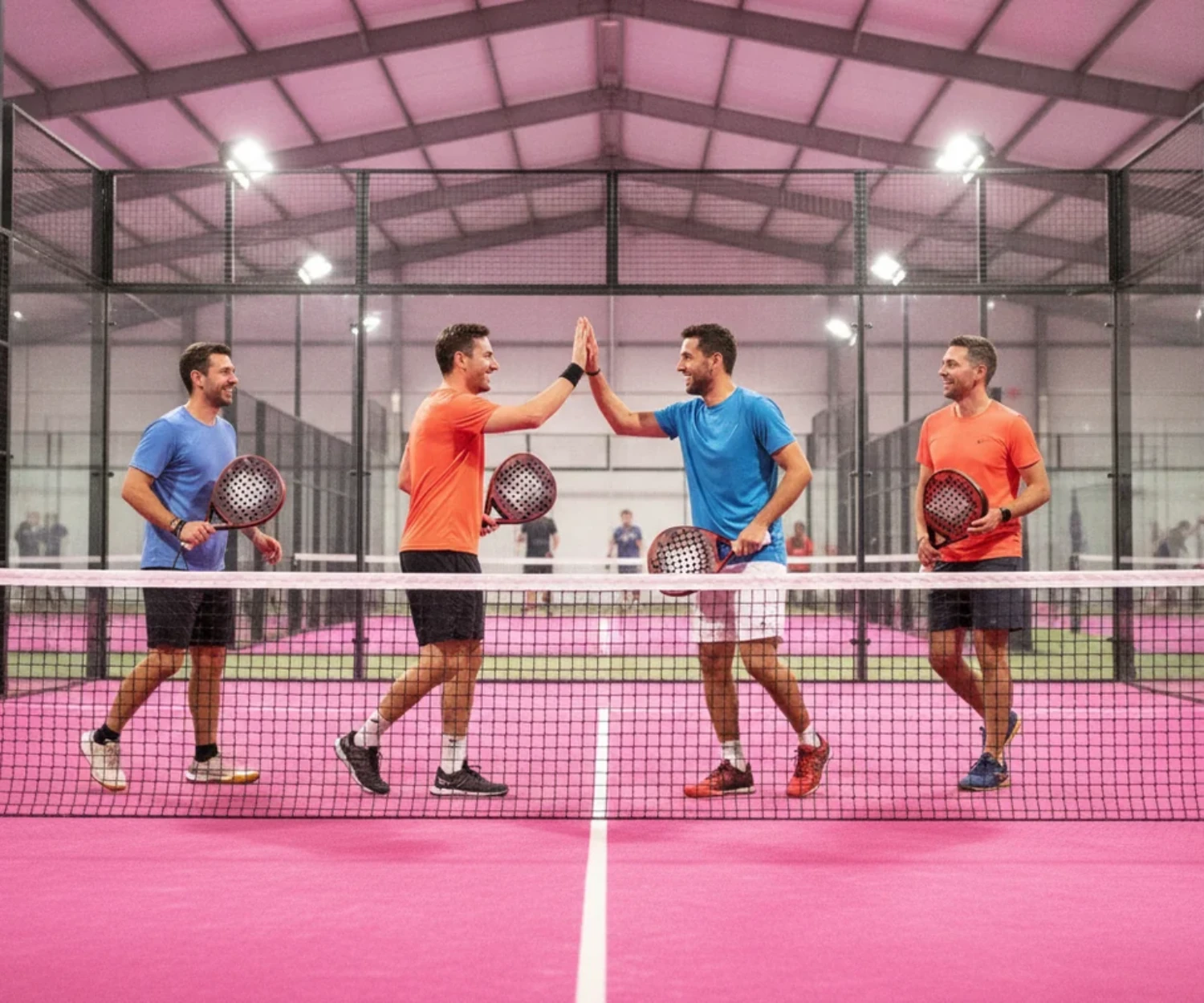 Team building padel : quatre collegues celebrant un point lors d un match en double en salle indoor sur court rose