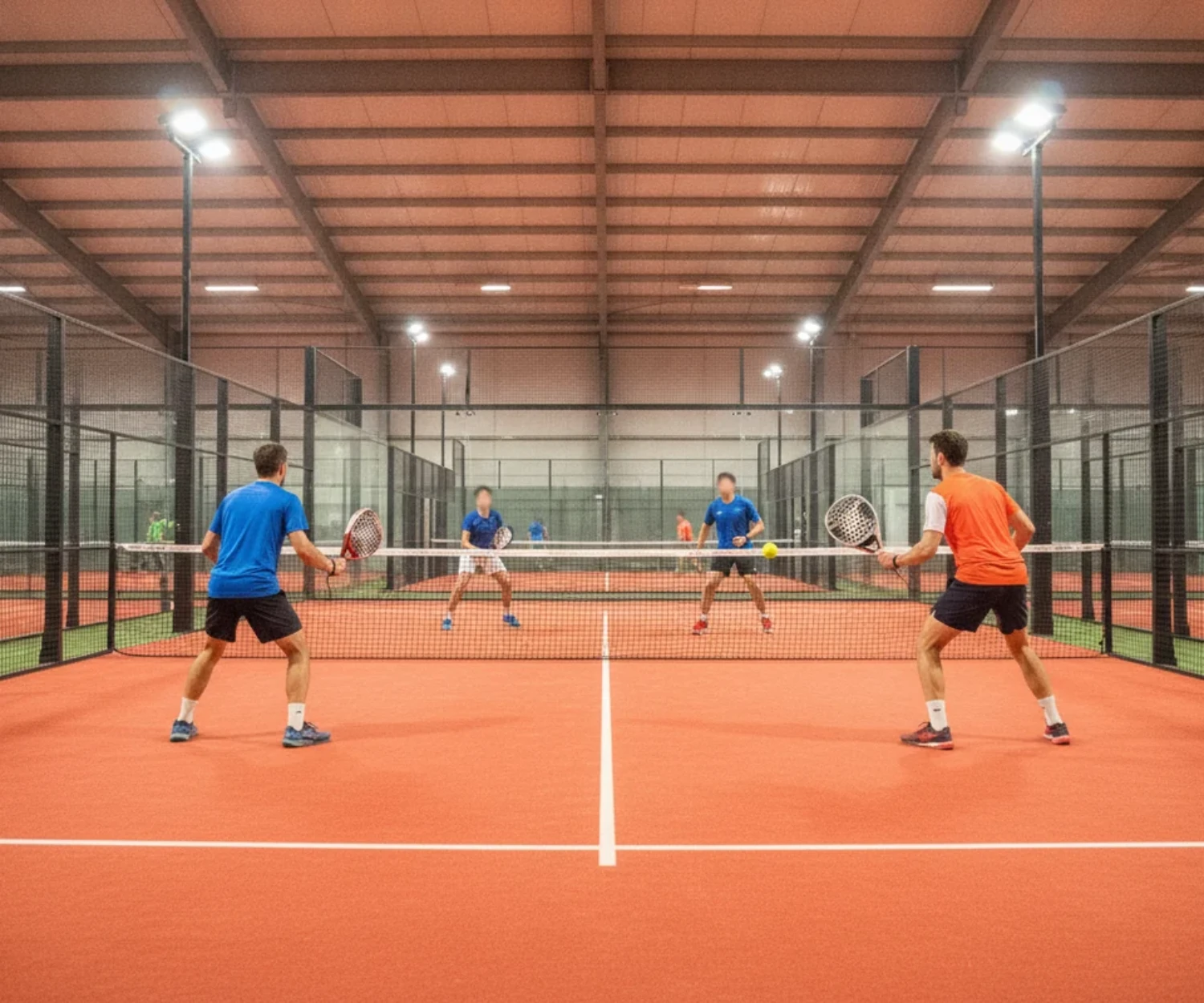 Zones de jeu au padel : match en double en salle indoor sur court orange, joueurs positionnes au filet et au fond