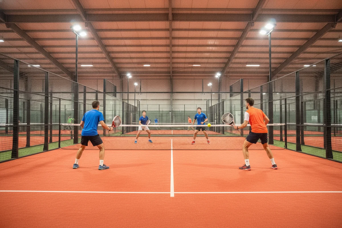 Zones de jeu au padel : match en double en salle indoor sur court orange, joueurs positionnes au filet et au fond