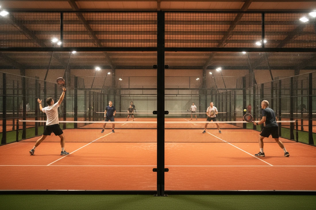 Deux courts de padel indoor orange occupes en meme temps lors d'un americano de club