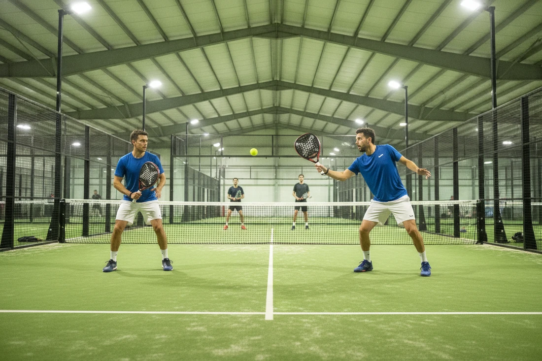 Paire de padel sur un court vert, un joueur frappe une bandeja et son partenaire attend