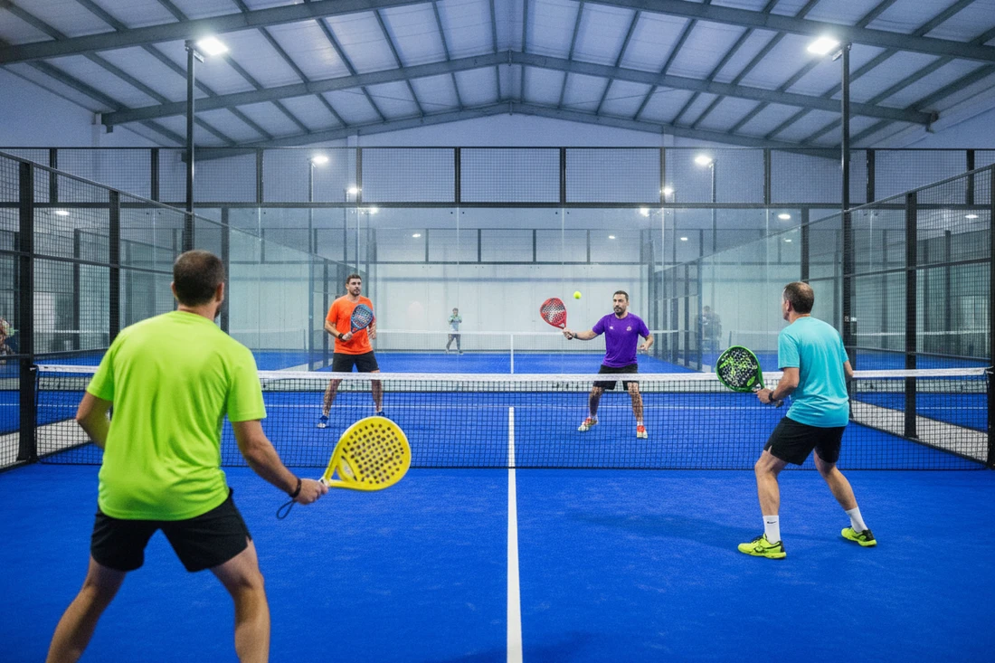 Point joue au filet lors d'un americano padel sur un court bleu, comptage des points