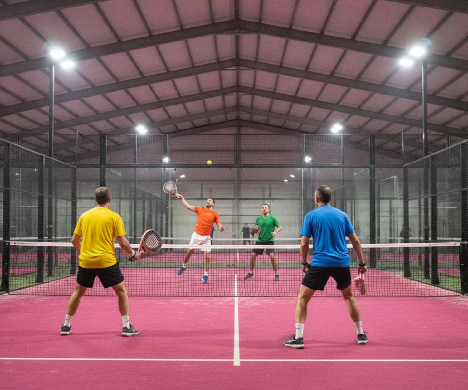 Soiree americano padel sur un court indoor rose, quatre joueurs en double pendant un echange