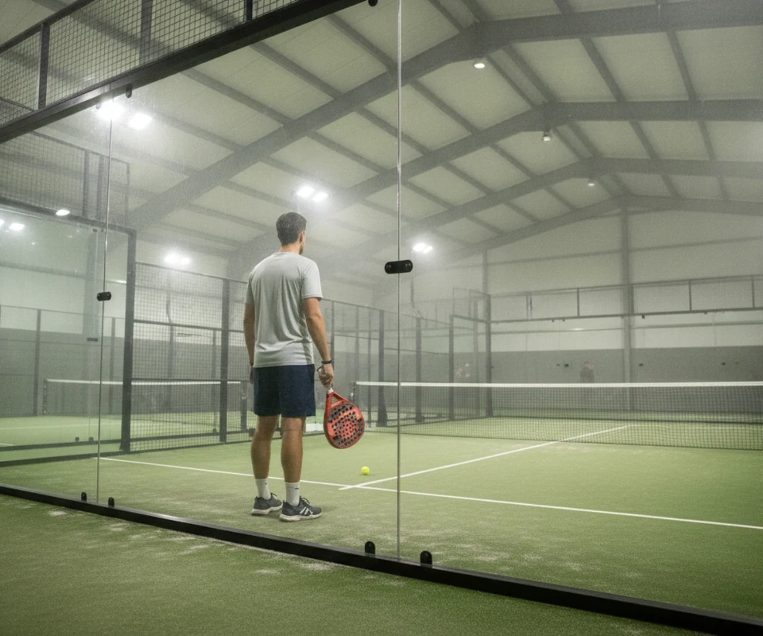 Joueur de padel attendant derriere la vitre, raquette a la main, sur un court indoor vert