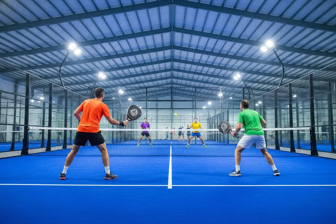 Double de padel indoor sur sol bleu, categories de tournoi soumises a une limitation de classement