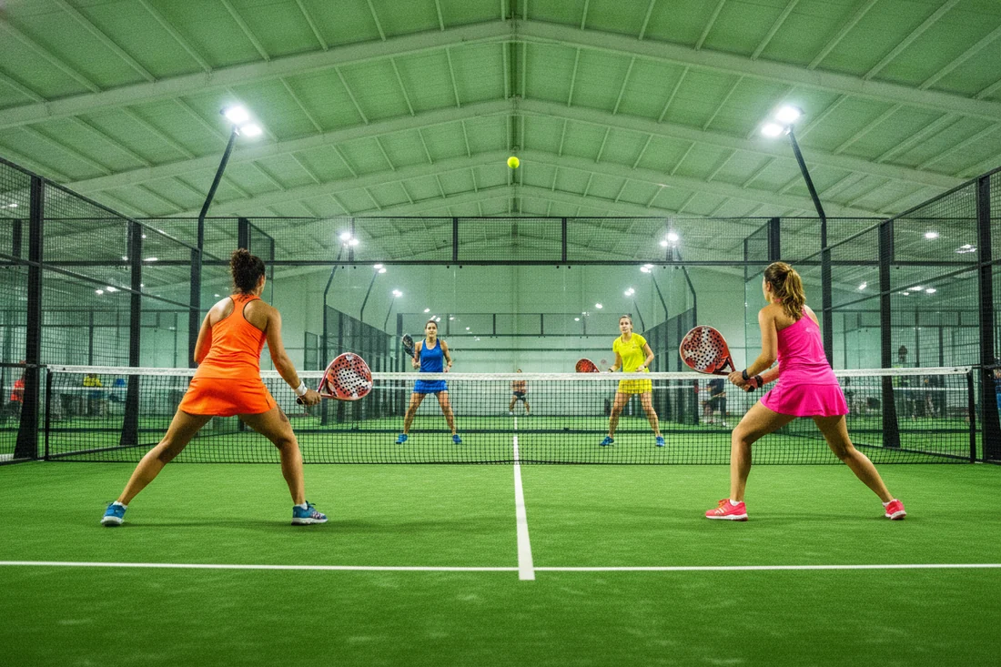 Double dames de padel indoor sur sol vert, verification du classement avant inscription