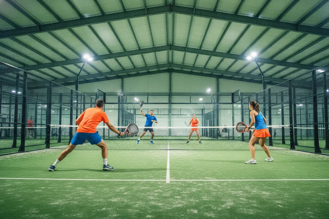 Echange de padel en double sur sol vert dans un club affilie a la federation