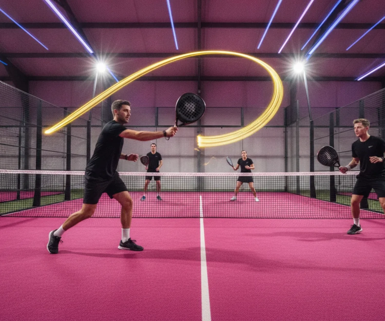 Application padel : echange en double sur une piste indoor, la trajectoire de la balle tracee en lumiere