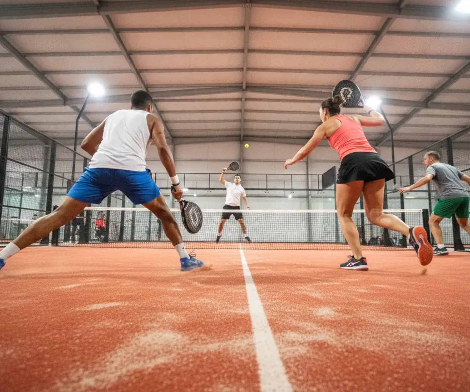 Match de padel en double sur une piste indoor orange, appuis et chaussures de padel en action