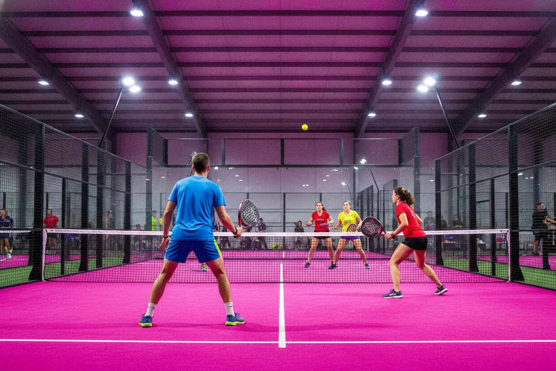 Match de padel en double sur sol rose, inscriptions en tournoi homologue FFT