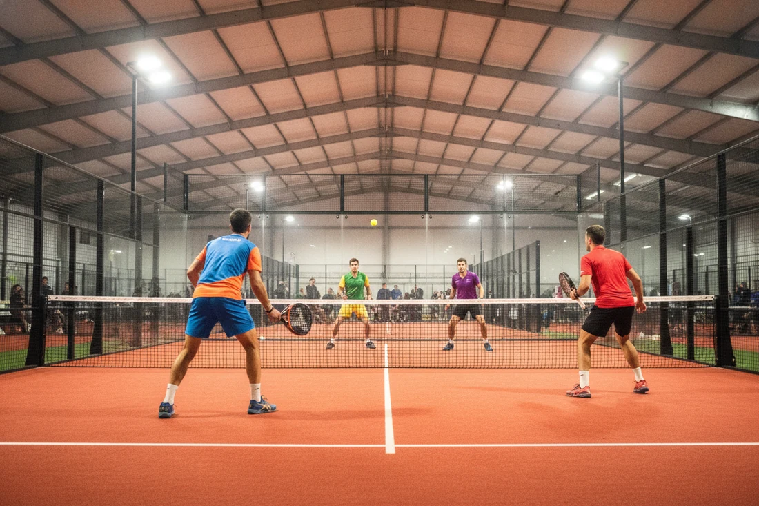 Echange de padel indoor sur sol orange, categories de tournois P25 a P3000 de la FFT