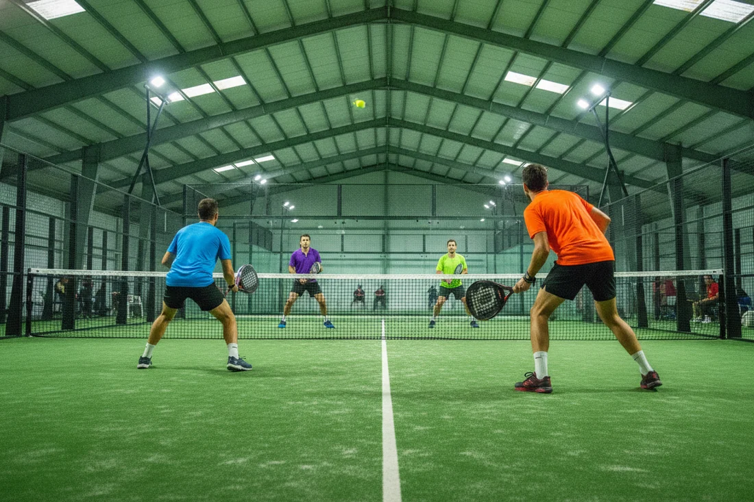 Service au padel dans un club indoor sur sol vert, preparation de la saison 2027