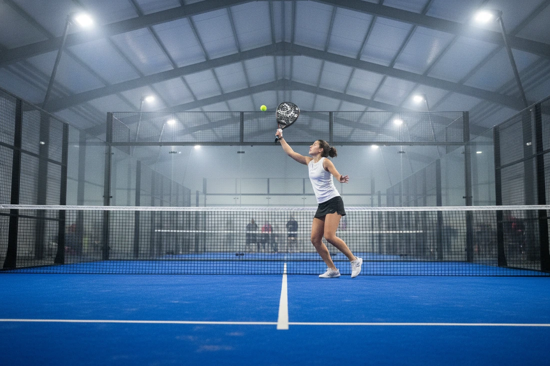Joueuse de padel frappant une bandeja sur une piste couverte au sol bleu, clubs de padel de l'agglomération angevine