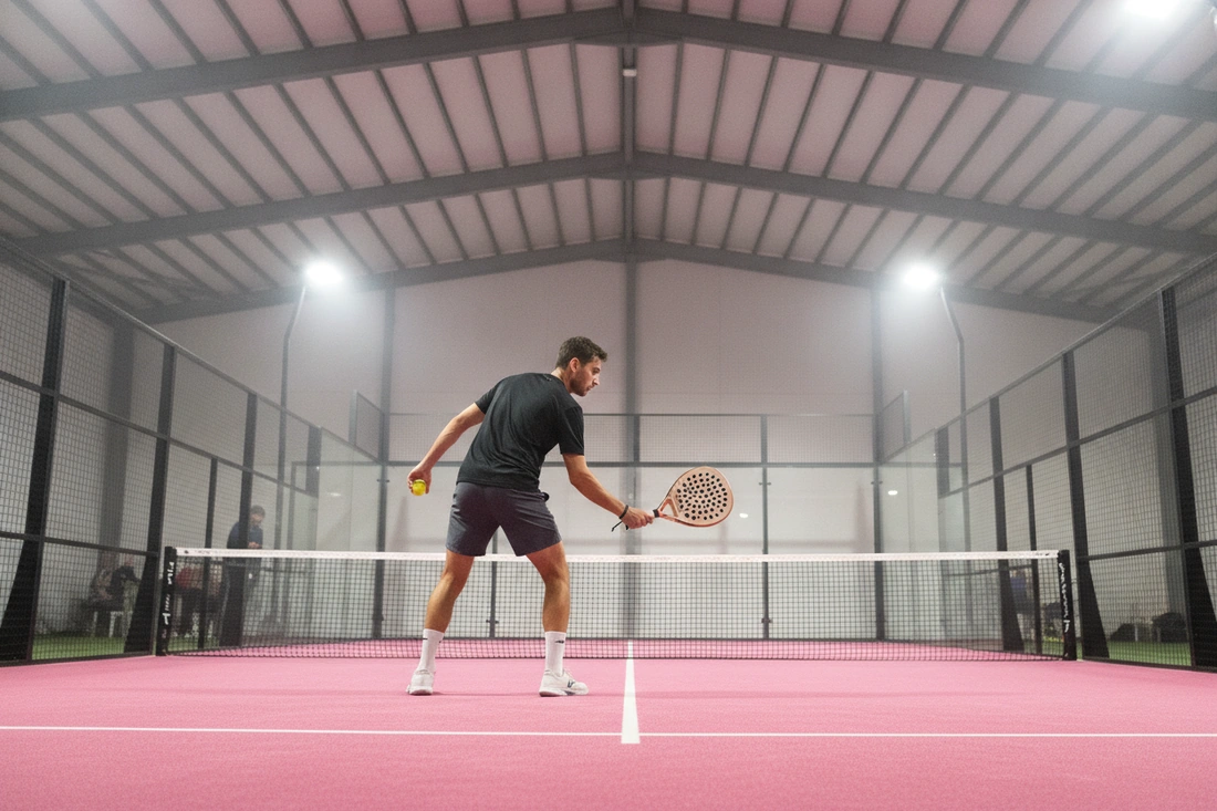 Joueur de padel au service sur une piste indoor au sol rose, trouver un partenaire de padel dans l'agglomération angevine