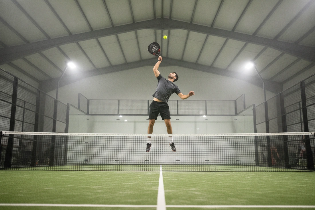 Joueur de padel au smash sur une piste indoor au sol vert, tarifs du padel dans l'agglomération angevine