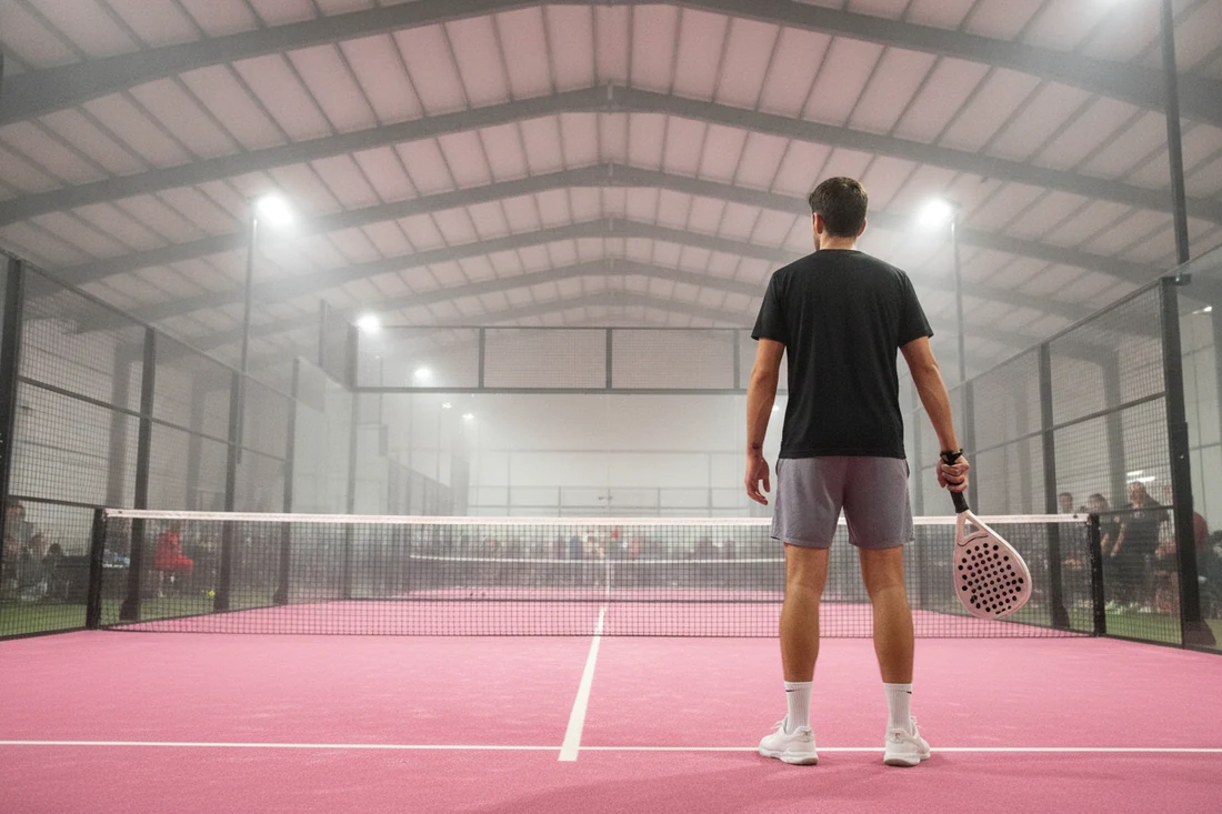 Joueur de padel de dos face à la vitre du fond sur une piste rose, trouver un partenaire à Brest
