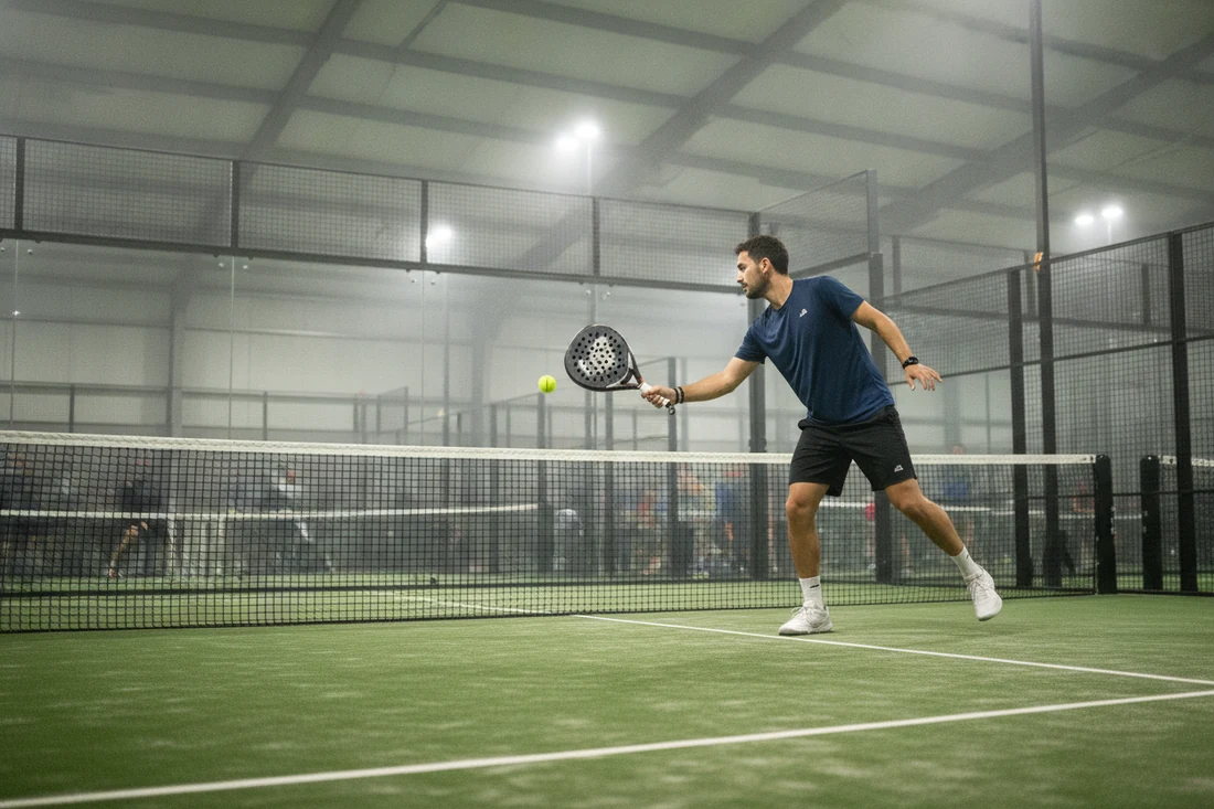 Joueur de padel en volée de revers au filet sur une piste verte, tarifs du padel à Brest