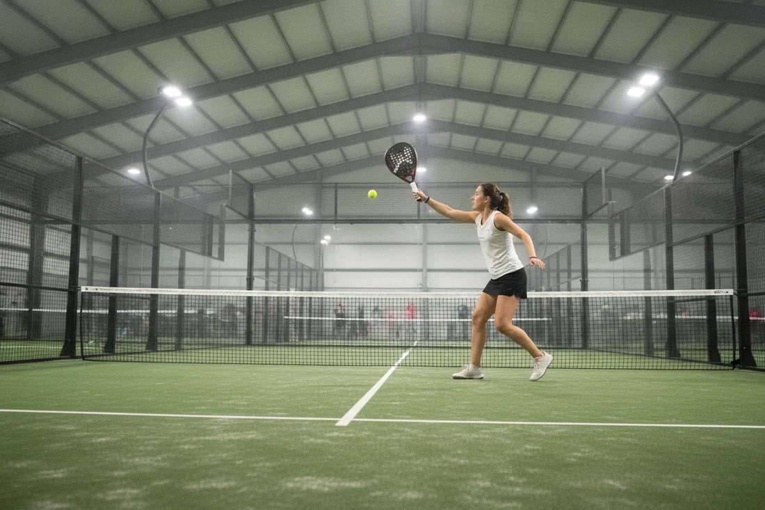 Joueuse de padel frappant une bandeja sur une piste indoor au sol vert, niveau requis au championnat de France de padel